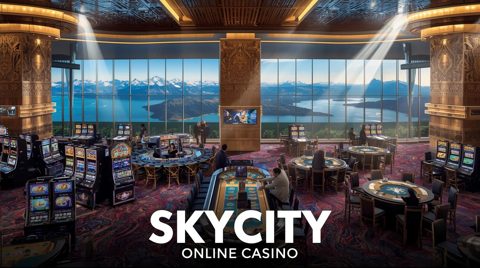 SkyCity Online Casino main lobby showing slots and table games with New Zealand themed design