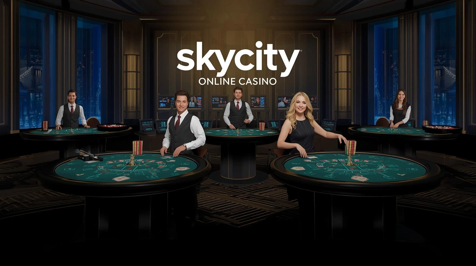 Live casino dealers at SkyCity Online Casino with roulette and blackjack tables in professional studio